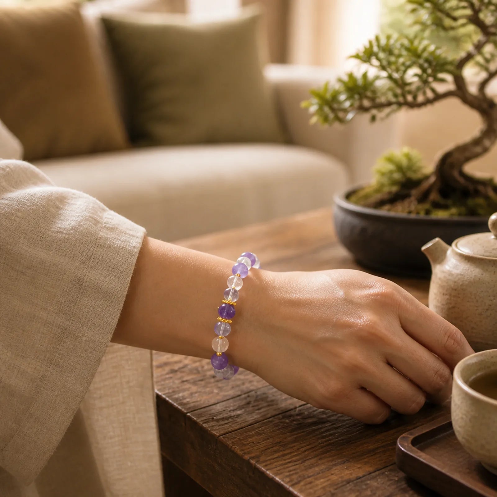 925 Sterling Silver Natural Amethyst White Crystal Balance Bracelet featuring Silver, Amethyst, Clear Quartz / White Crystal