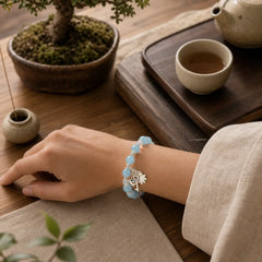 925 Sterling Silver Natural Aquamarine Serenity Flower Love Key Charm Bracelet featuring Silver, Aquamarine