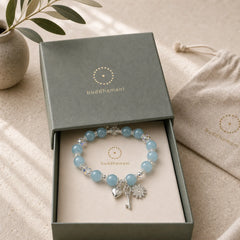 925 Sterling Silver Natural Aquamarine Serenity Flower Love Key Charm Bracelet featuring Silver, Aquamarine