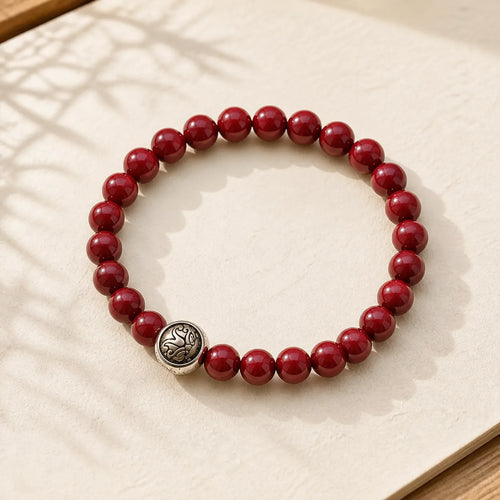 925 Sterling Silver Natural Cinnabar Four Beasts Blessing Bracelet featuring Silver, Cinnabar, Dragon
