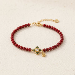 925 Sterling Silver Natural Cinnabar Four Leaf Clover Flower Blessing Chain Bracelet featuring Silver, Cinnabar