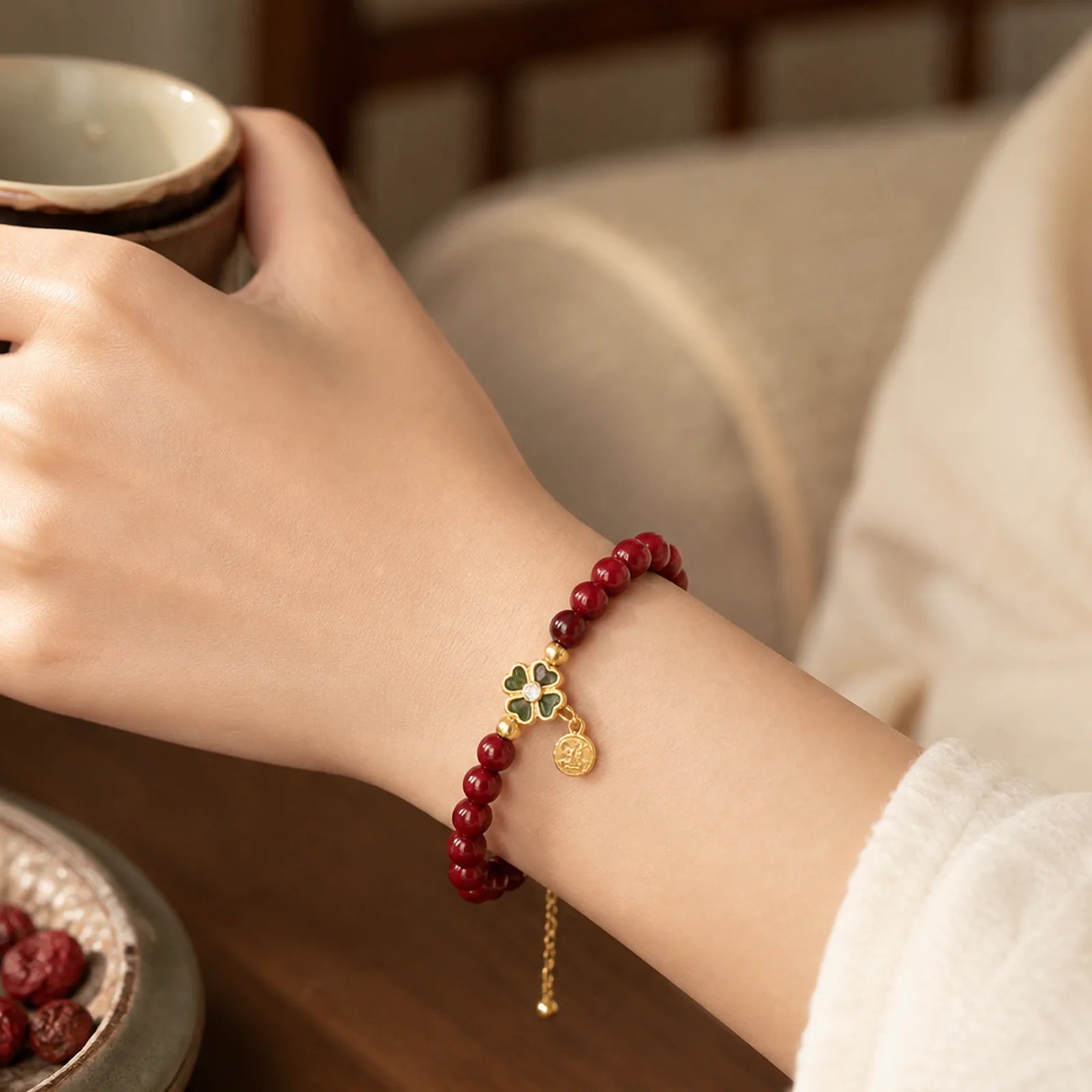 925 Sterling Silver Natural Cinnabar Four Leaf Clover Flower Blessing Chain Bracelet featuring Silver, Cinnabar