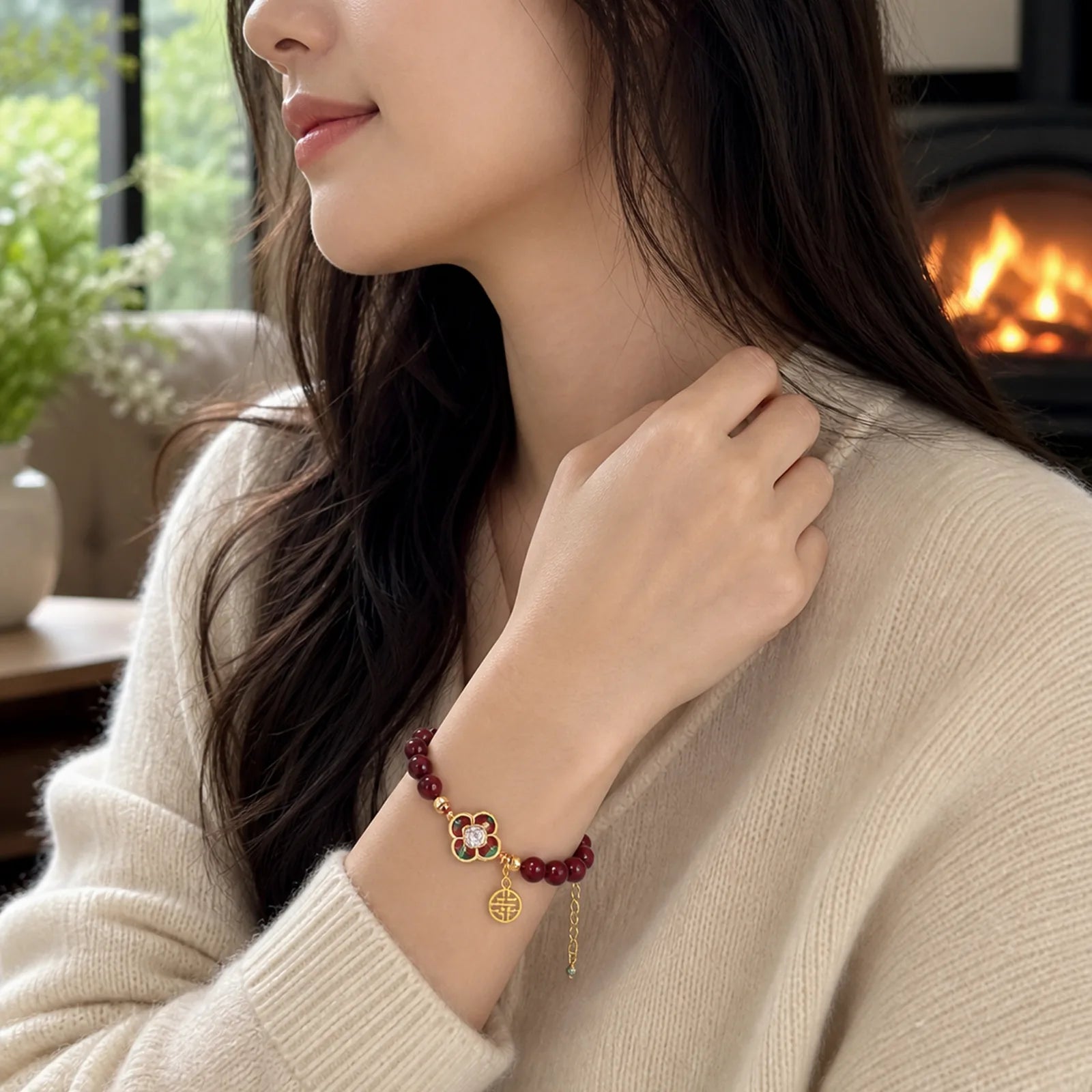925 Sterling Silver Natural Cinnabar Four Leaf Clover Flower Blessing Chain Bracelet featuring Silver, Cinnabar