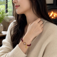 925 Sterling Silver Natural Cinnabar Four Leaf Clover Flower Blessing Chain Bracelet featuring Silver, Cinnabar