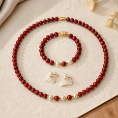 925 Sterling Silver Natural Cinnabar Pearl Blessing Necklace Pendant Bracelet Earrings Jewelry Set featuring Silver, Cinnabar, Pearl