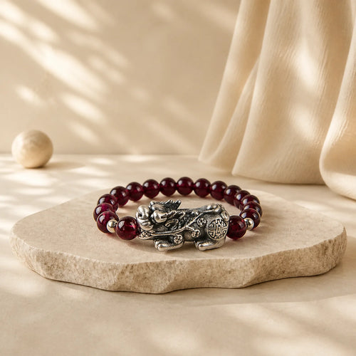 925 Sterling Silver Natural Garnet Moonstone Red Agate PiXiu Wealth Ring featuring Silver, Garnet, Moonstone
