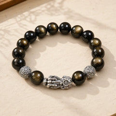 925 Sterling Silver Natural Gold Sheen Obsidian PiXiu Wealth Protection Bracelet featuring Silver, Gold Sheen Obsidian, Obsidian