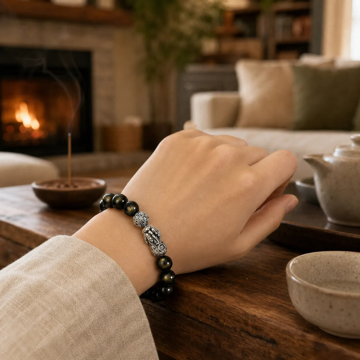 925 Sterling Silver Natural Gold Sheen Obsidian PiXiu Wealth Protection Bracelet featuring Silver, Gold Sheen Obsidian, Obsidian