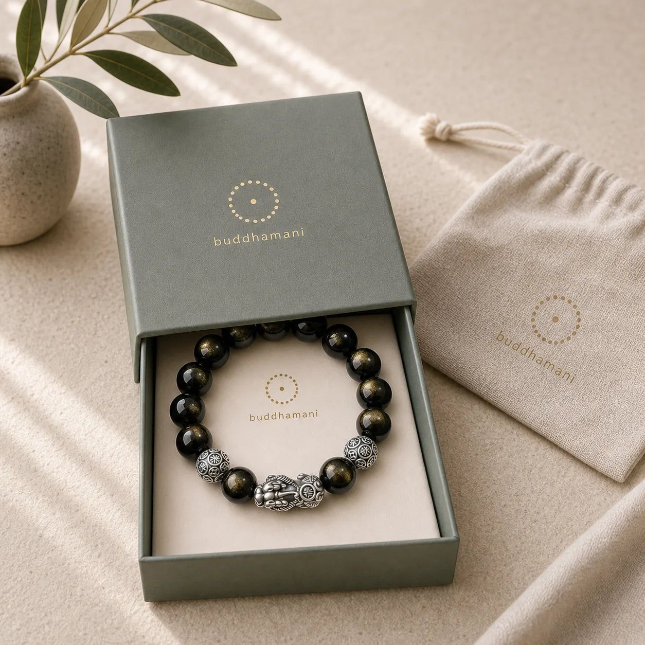 925 Sterling Silver Natural Gold Sheen Obsidian PiXiu Wealth Protection Bracelet featuring Silver, Gold Sheen Obsidian, Obsidian