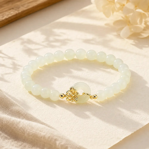 925 Sterling Silver Natural Hetian Jade Autumn Chrysanthemum Peace Buckle Prosperity Bracelet featuring Silver, Jade, Peace Buckle