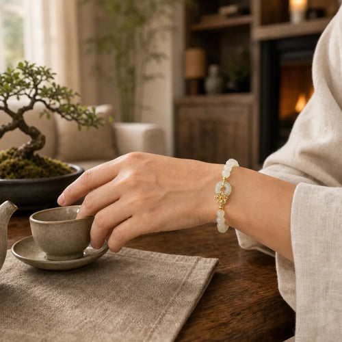 925 Sterling Silver Natural Hetian Jade Autumn Chrysanthemum Peace Buckle Prosperity Bracelet featuring Silver, Jade, Peace Buckle