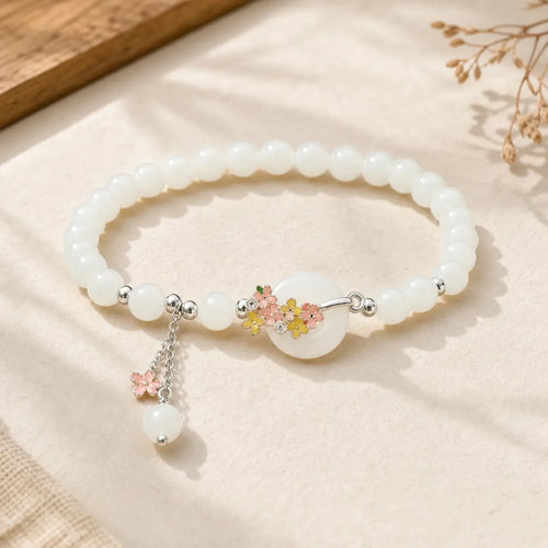 925 Sterling Silver Natural Hetian Jade Osmanthus Flowers Peace Buckle Zircon Luck Bracelet Necklace Pendant featuring Silver, Jade, Peace Buckle