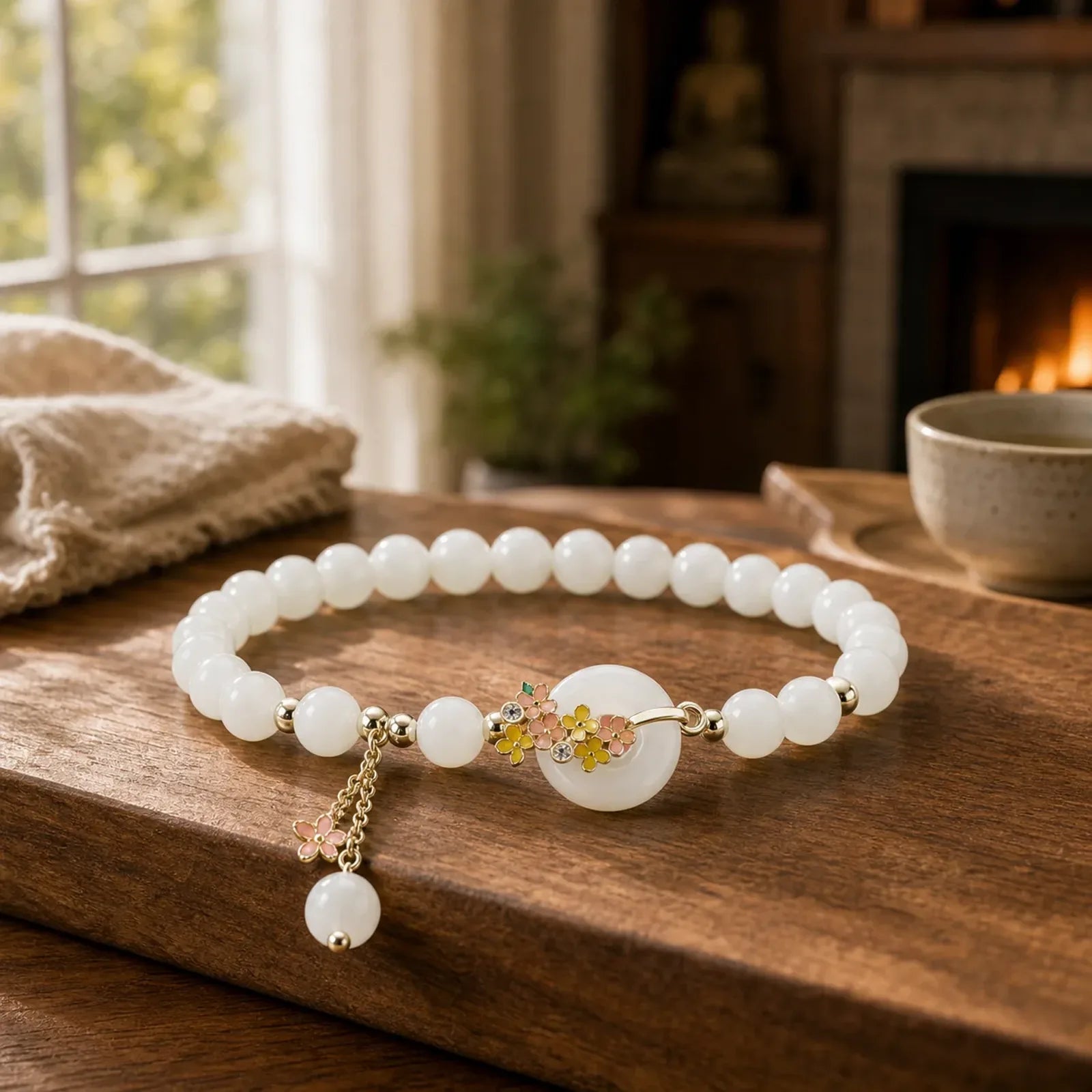 925 Sterling Silver Natural Hetian Jade Osmanthus Flowers Peace Buckle Zircon Luck Bracelet Necklace Pendant featuring Silver, Jade, Peace Buckle