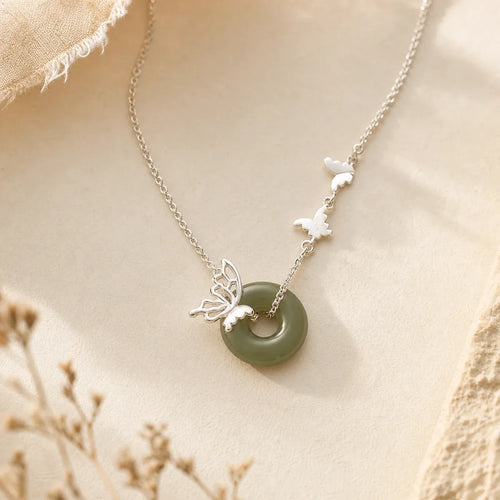 925 Sterling Silver Natural Hetian Jade Peace Buckle Butterfly Luck Prosperity Bracelet Necklace Pendant featuring Silver, Jade, Peace Buckle