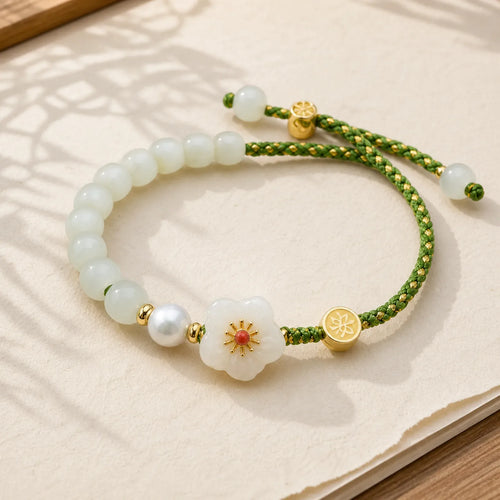 925 Sterling Silver Natural Hetian Jade Peach Blossom Luck Bracelet featuring Silver, Jade, Pearl