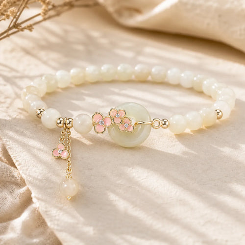925 Sterling Silver Natural Hetian Jade Peach Blossom Peace Buckle Zircon Luck Bracelet Necklace Pendant featuring Silver, Jade, Peace Buckle