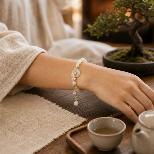 925 Sterling Silver Natural Hetian Jade Peach Blossom Peace Buckle Zircon Luck Bracelet Necklace Pendant featuring Silver, Jade, Peace Buckle