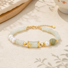 925 Sterling Silver Natural Hetian White Jade Bamboo Luck Blessing Bracelet featuring Silver, White Jade, Jade