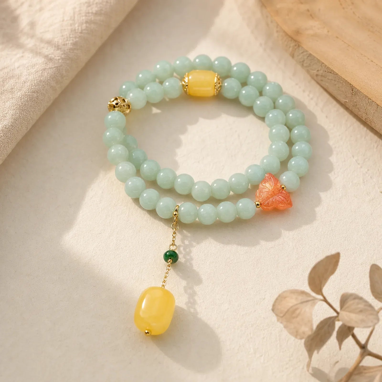 925 Sterling Silver Natural Jade Amber Butterfly Luck Abundance Bracelet featuring Silver, Jade, Amber