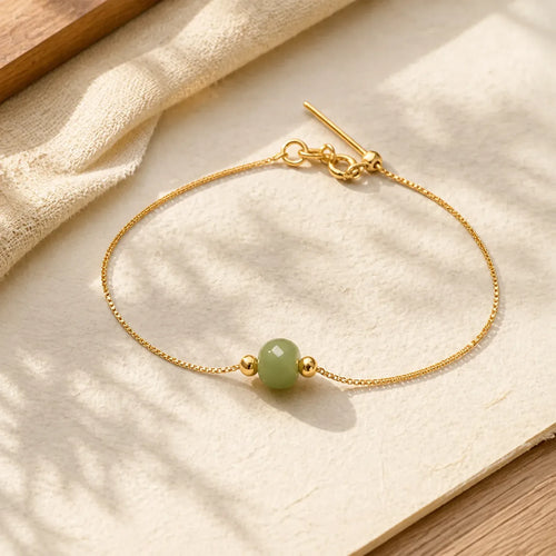 925 Sterling Silver Natural Jade Bead Abundance Chain Bracelet featuring Silver, Jade