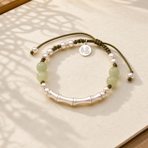 925 Sterling Silver Natural Jade Fu Character Bamboo Abundance Bracelet featuring Silver, Jade, Fu Character