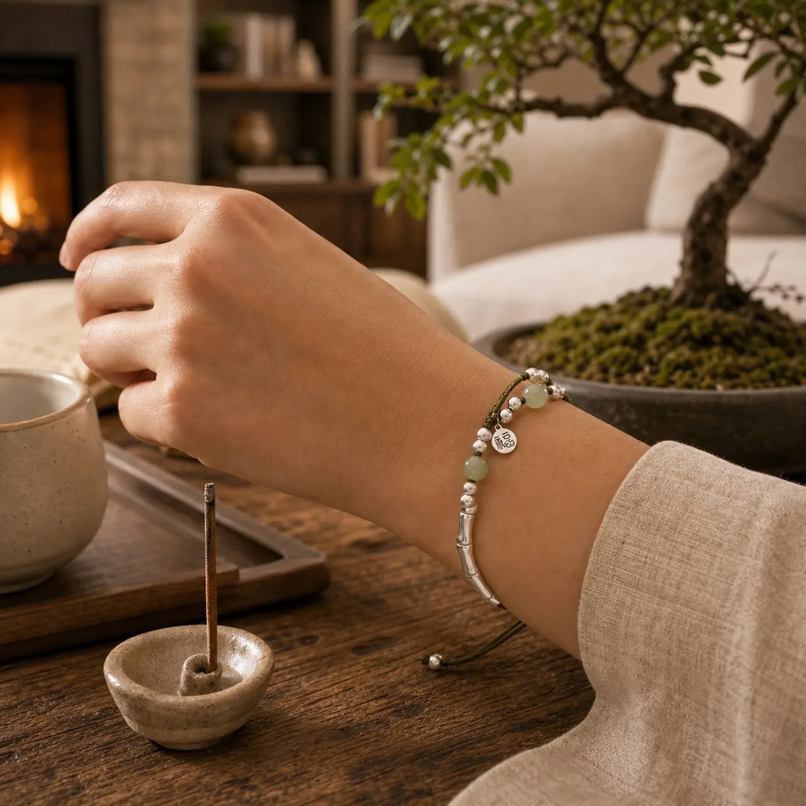 925 Sterling Silver Natural Jade Fu Character Bamboo Abundance Bracelet featuring Silver, Jade, Fu Character