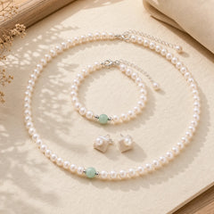 925 Sterling Silver Natural Pearl Jade Healing Necklace Bracelet Earrings With Gift Box featuring Silver, Pearl, Jade