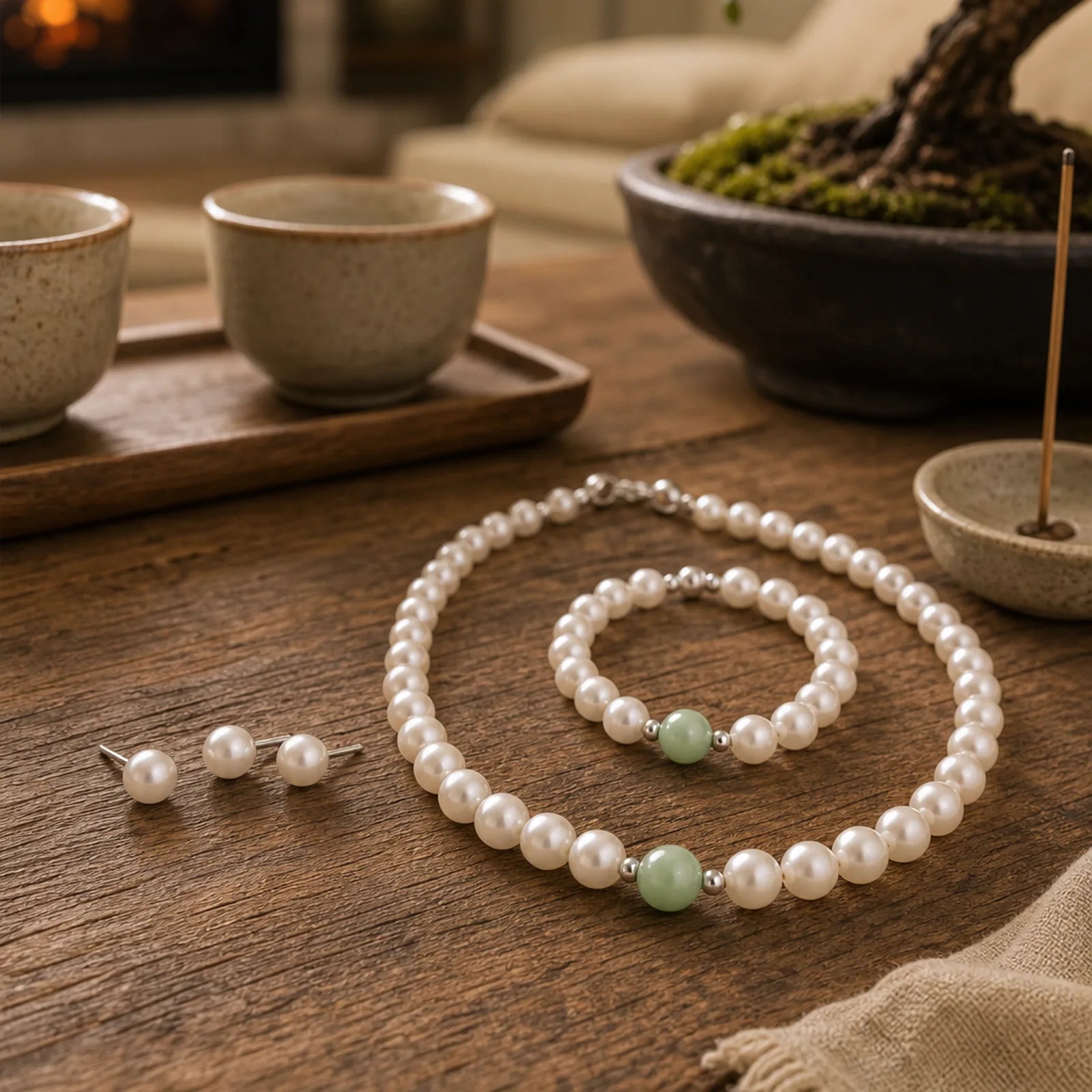 925 Sterling Silver Natural Pearl Jade Healing Necklace Bracelet Earrings With Gift Box featuring Silver, Pearl, Jade