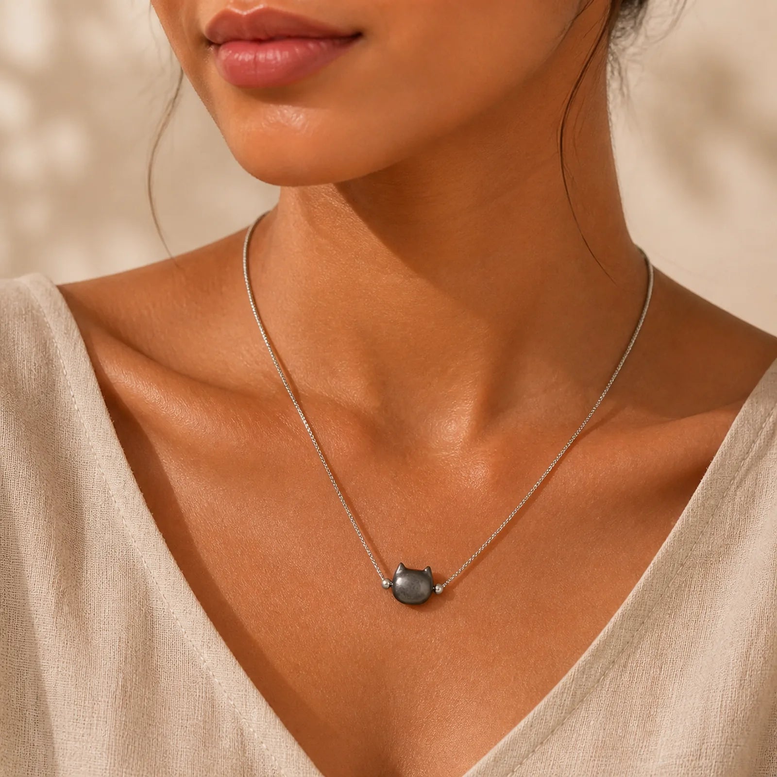 925 Sterling Silver Natural Silver Sheen Obsidian Gold Sheen Obsidian Cat Necklace featuring Silver, Silver Sheen Obsidian, Obsidian