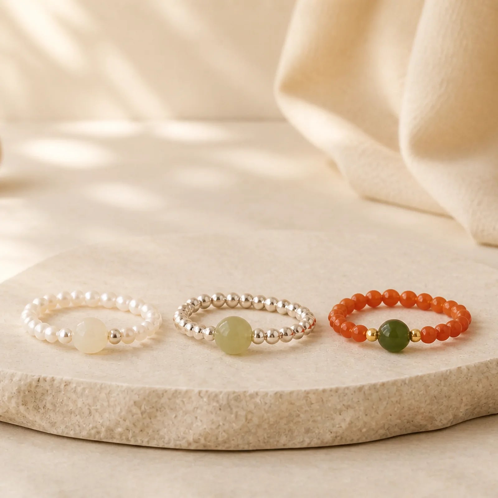 925 Sterling Silver Natural Small Hetian Jade Red Agate Pearl Bead Prosperity Elastic Ring featuring Silver, Jade, Red Agate