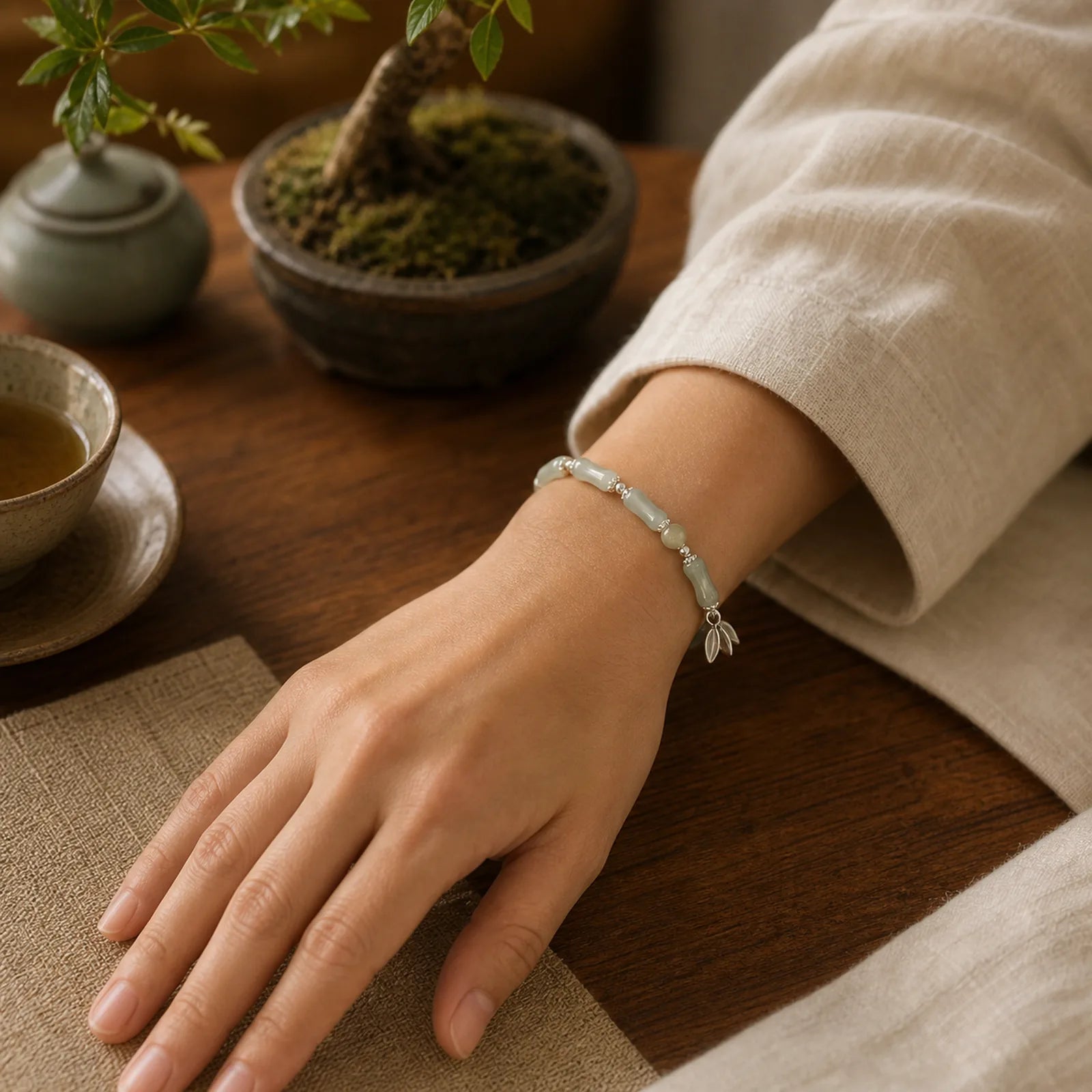 925 Sterling Silver Natural Tianshan Jade Bamboo Charm Luck Bracelet featuring Silver, Jade, Bamboo