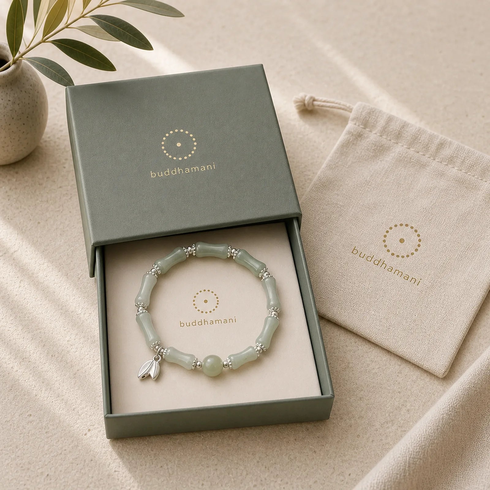 925 Sterling Silver Natural Tianshan Jade Bamboo Charm Luck Bracelet featuring Silver, Jade, Bamboo