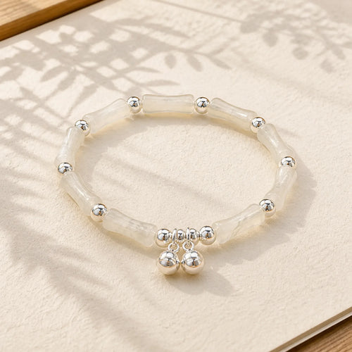925 Sterling Silver Natural White Jade Bamboo Bell Charm Luck Happiness Bracelet featuring Silver, White Jade, Jade