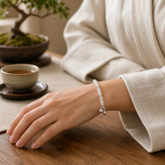 925 Sterling Silver Natural White Jade Bamboo Bell Charm Luck Happiness Bracelet featuring Silver, White Jade, Jade
