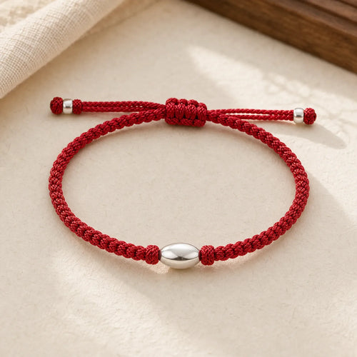 925 Sterling Silver Olive-Shaped Bead Red String Blessing Bracelet featuring Silver, Red String