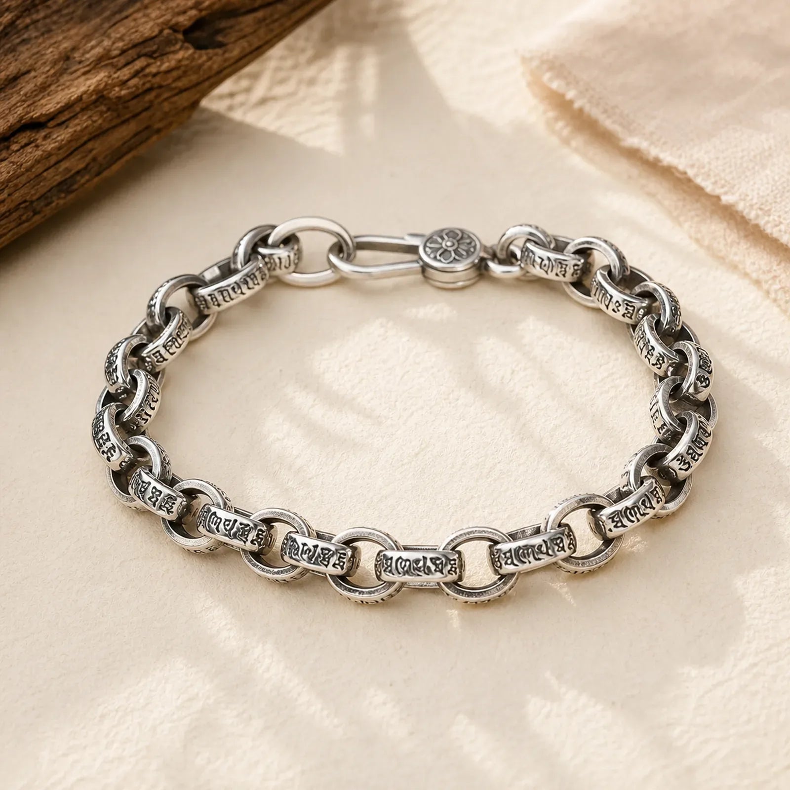 925 Sterling Silver Om Mani Padme Hum Engraved Peace Bracelet Bangle featuring Silver, Om Mani Padme Hum, Om