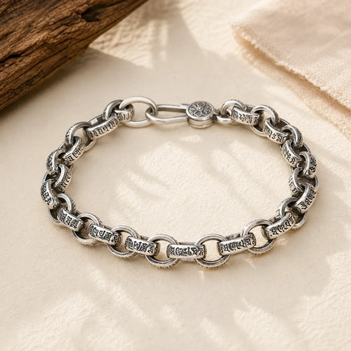 925 Sterling Silver Om Mani Padme Hum Engraved Peace Bracelet Bangle featuring Silver, Om Mani Padme Hum, Om