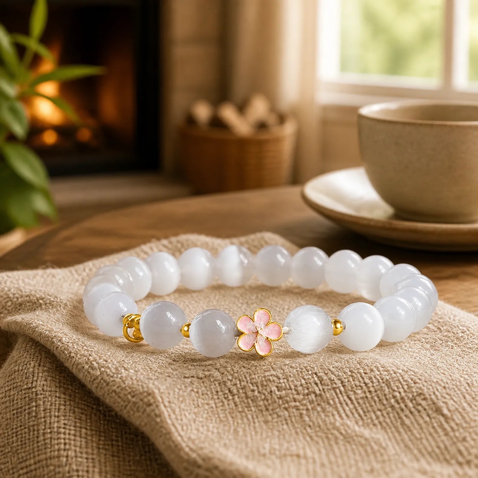 925 Sterling Silver Peach Blossom Lucky Bag White Cat's Eye Luck Bracelet featuring Silver, White Cat's Eye, Cat's Eye / Chrysoberyl
