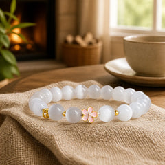 925 Sterling Silver Peach Blossom Lucky Bag White Cat's Eye Luck Bracelet featuring Silver, White Cat's Eye, Cat's Eye / Chrysoberyl