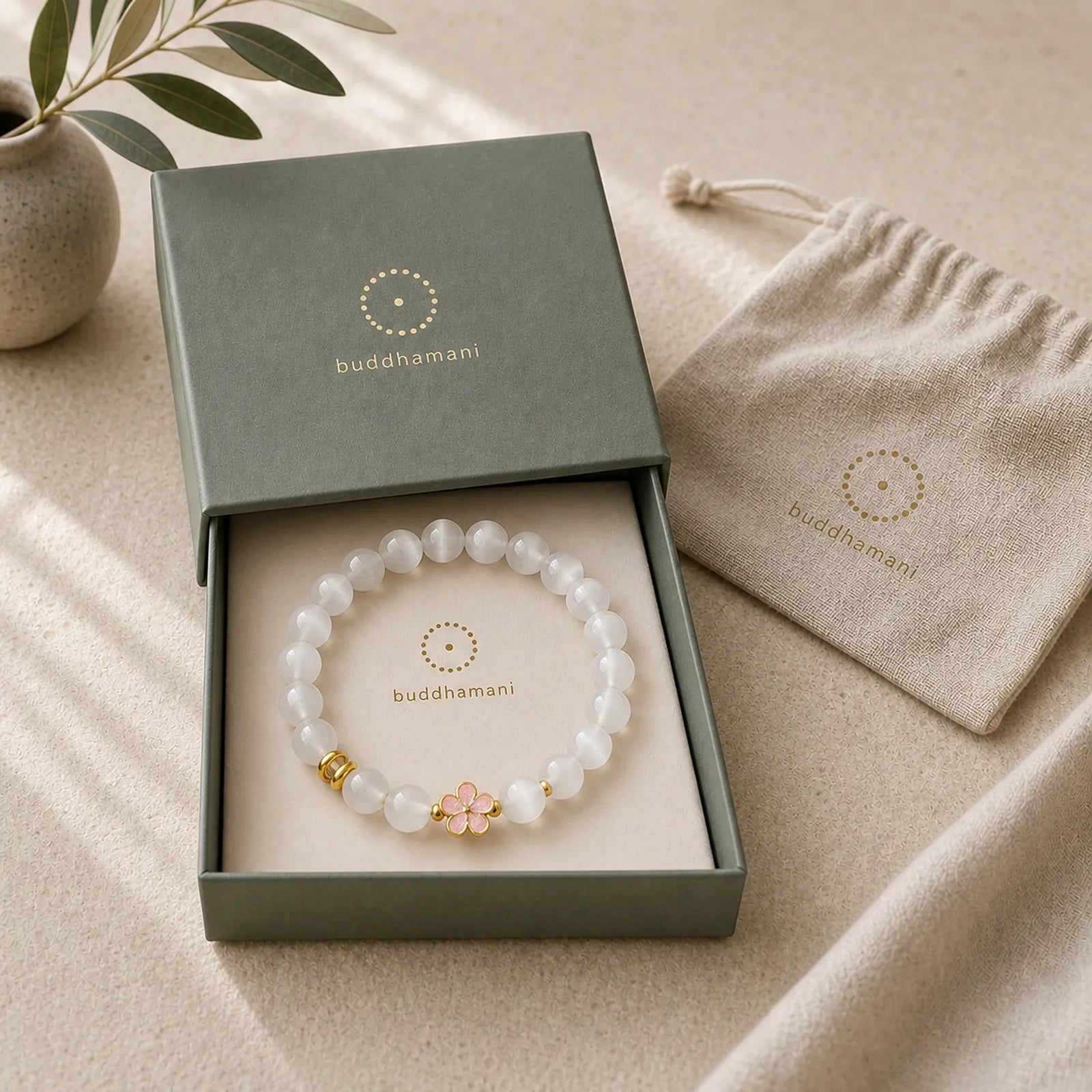 925 Sterling Silver Peach Blossom Lucky Bag White Cat's Eye Luck Bracelet featuring Silver, White Cat's Eye, Cat's Eye / Chrysoberyl