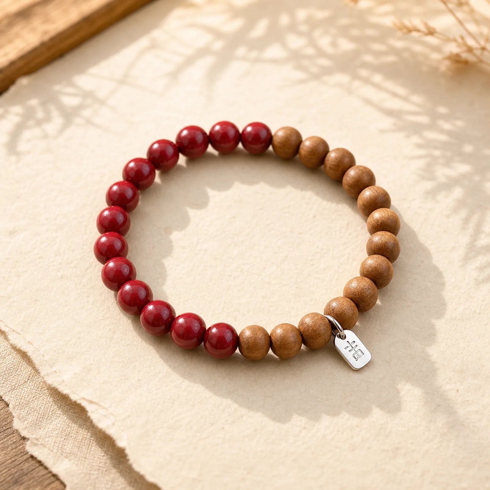 925 Sterling Silver Peach Wood Cinnabar Ward Off Evil Spirits Bracelet featuring Silver, Peach Wood, Cinnabar