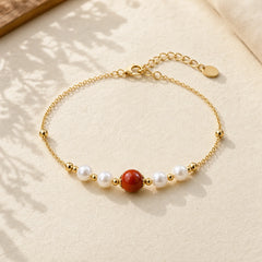 925 Sterling Silver Pearl Cinnabar Healing Bead Chain Bracelet featuring Silver, Pearl, Cinnabar