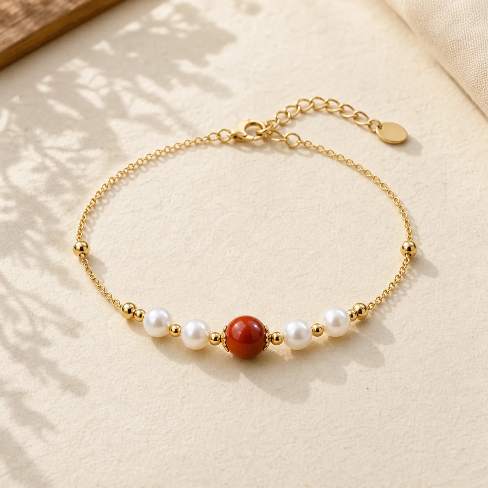 925 Sterling Silver Pearl Cinnabar Healing Bead Chain Bracelet featuring Silver, Pearl, Cinnabar