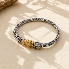 925 Sterling Silver PiXiu Copper Coins Ingot Wealth Bracelet Bangle featuring Silver, Pixiu, Copper