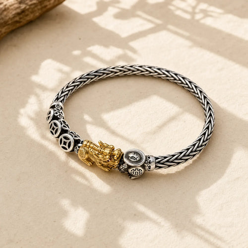 925 Sterling Silver PiXiu Copper Coins Ingot Wealth Bracelet Bangle featuring Silver, Pixiu, Copper