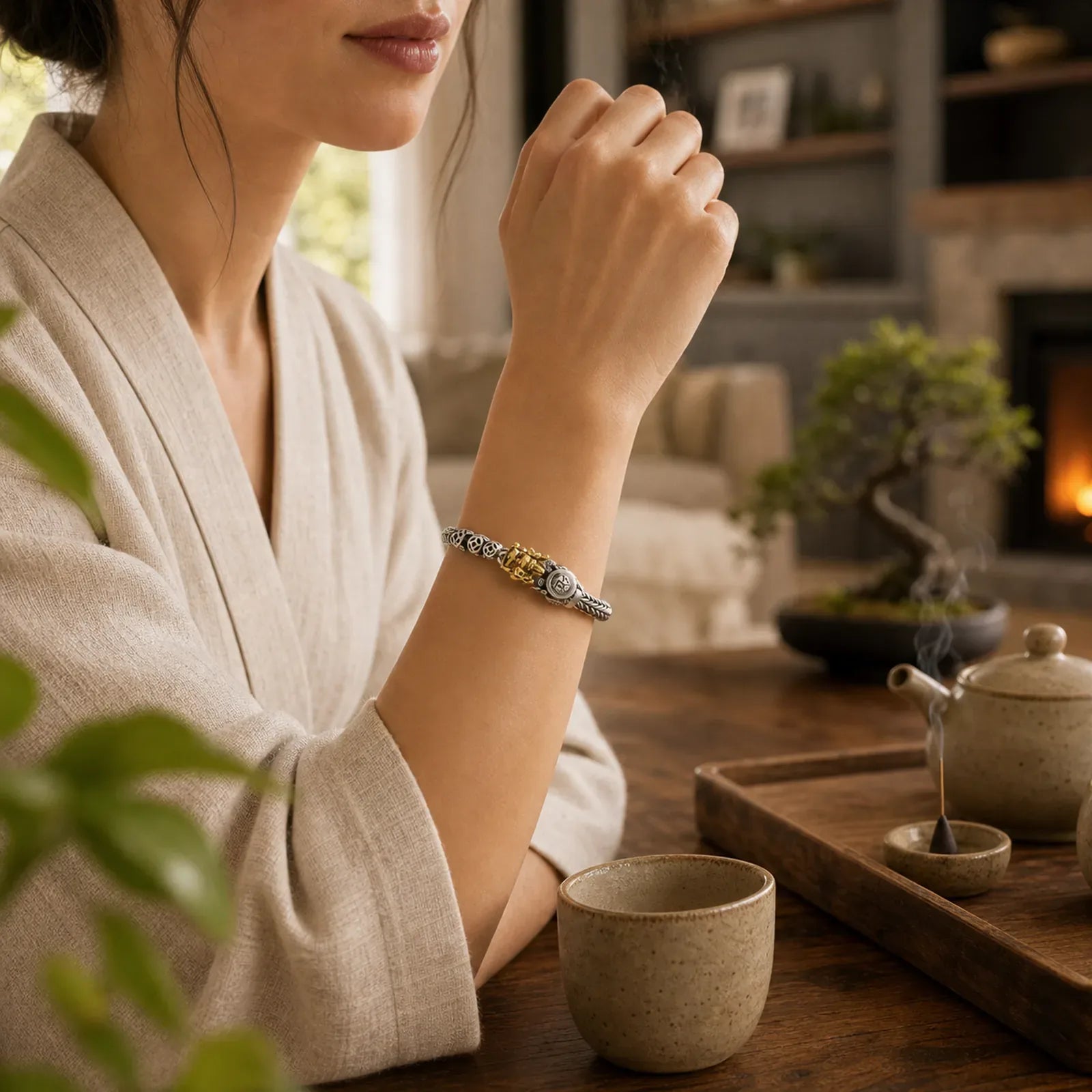 925 Sterling Silver PiXiu Copper Coins Ingot Wealth Bracelet Bangle featuring Silver, Pixiu, Copper