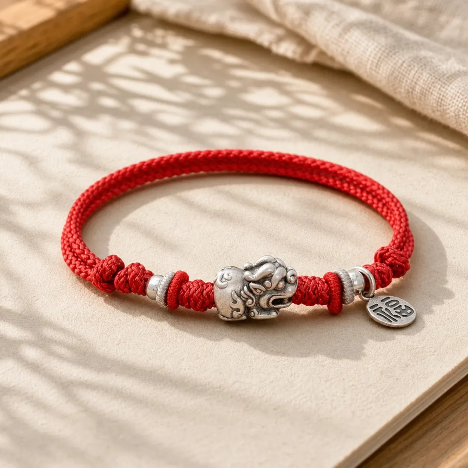 925 Sterling Silver PiXiu Fu Character Wealth Luck Handmade Braided Bracelet featuring Silver, Pixiu, Fu Character