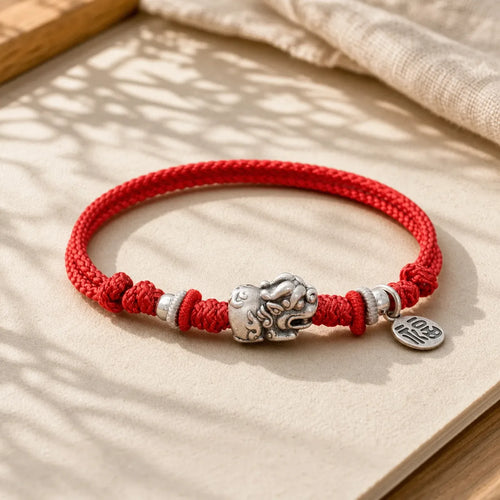 925 Sterling Silver PiXiu Fu Character Wealth Luck Handmade Braided Bracelet featuring Silver, Pixiu, Fu Character
