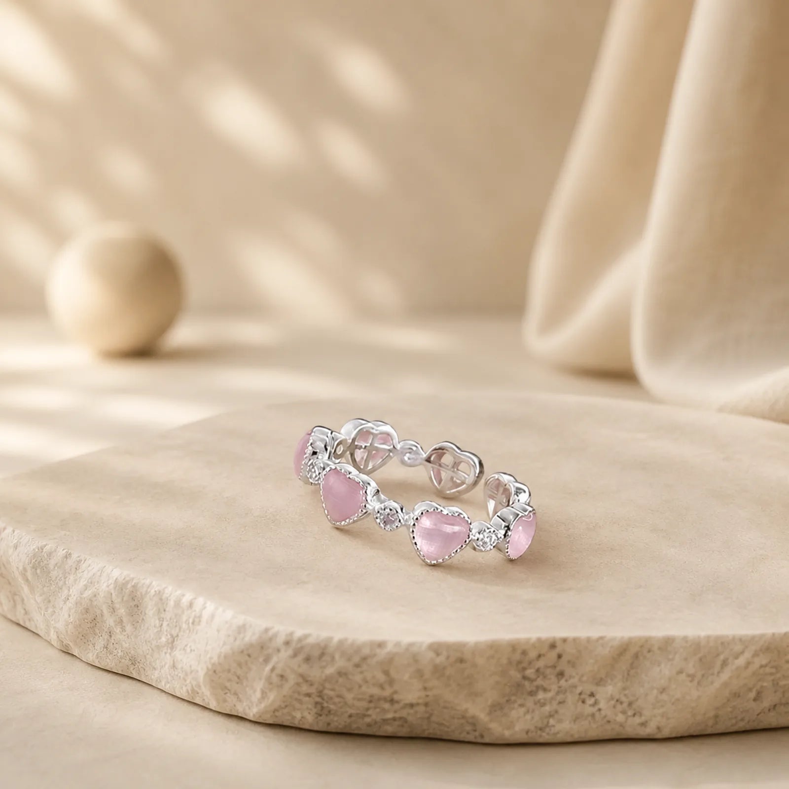 925 Sterling Silver Pink Cat's Eye Heart Design Adjustable Love Ring featuring Silver, Cat's Eye / Chrysoberyl