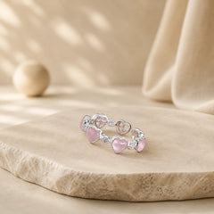 925 Sterling Silver Pink Cat's Eye Heart Design Adjustable Love Ring featuring Silver, Cat's Eye / Chrysoberyl